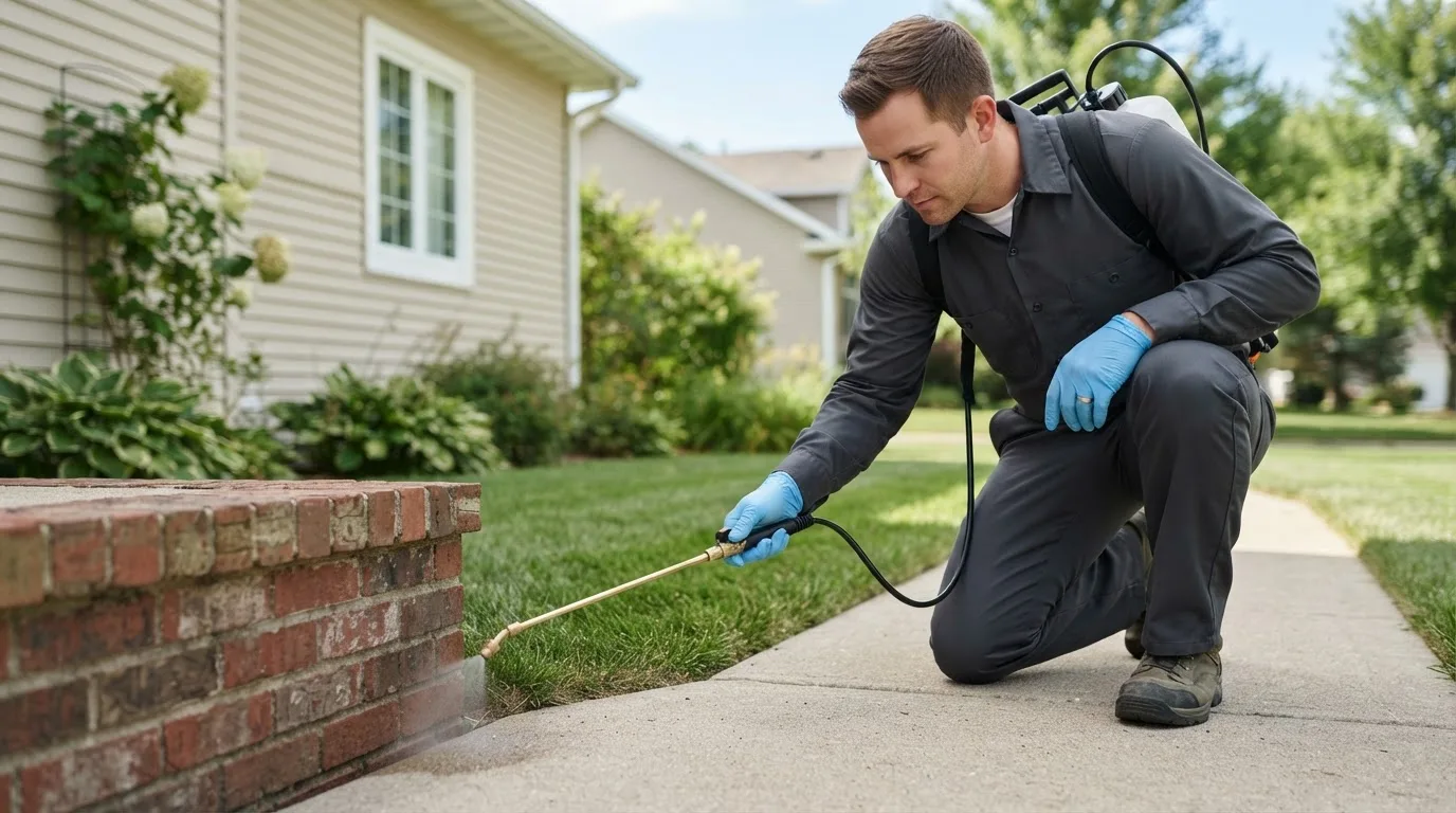 Pest control technician treating a home near Redmond, UT